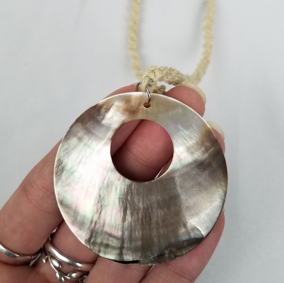 Handmade Macrame Hemp Necklace Black Lip Mother of Pearl Disc Pendant Mermaid - Picture 2 of 3